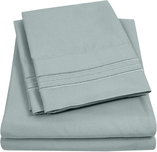 Twin XL Size Sheet Set with Built-in Sheet Straps - Deep Pocket Fitted Sheet, Flat Sheet & Pillowcases - Soft, Wrinkle-Free, Secure Fit - Slate