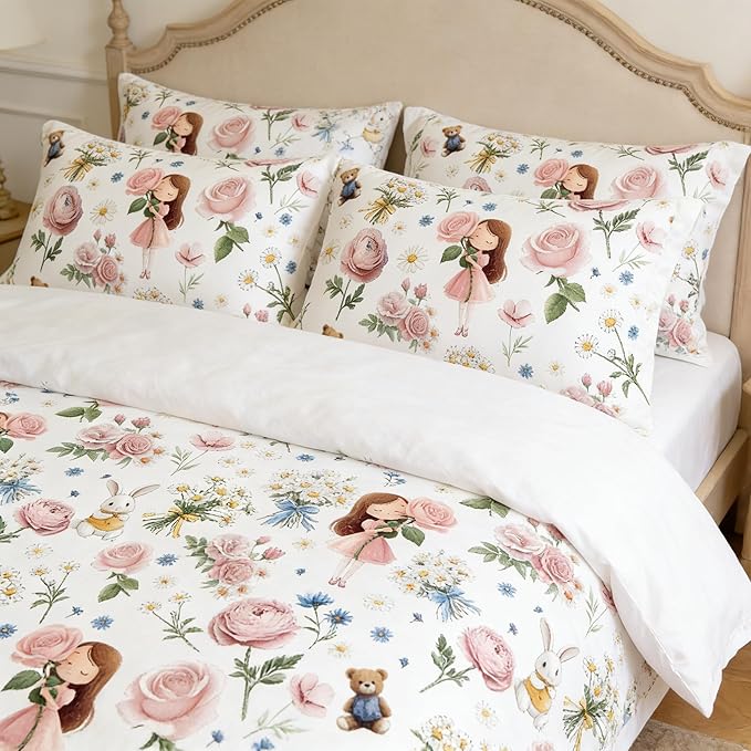Pink Bed in A Bag Queen for Girls, 5Pcs Pink Rose Bedding for Kids Kawaii Bedroom Decor, Cute Priness Girly Rabbit Bear Comforter Set with 2 Pillowcases, 90"x90"