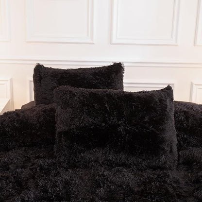Andency Queen Comforter Set Black, Fluffy Winter Faux Fur Warm Soft Plush Bedding Comforter Set (1 Velvet Comforter & 2 Pillowcases), Fuzzy Thick Heavy Puffy Comforters Bed Set