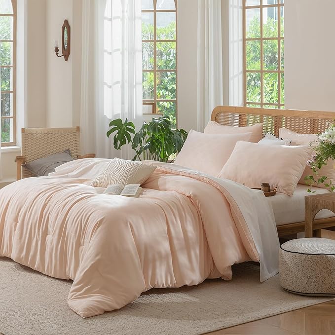 Queen Size Comforter Set Pink - Waffle Checkered Soft Shabby Chic Bedding, All-Season Lightweight Breathable with 2 Pillowcases Combo for Year-Round Comfort