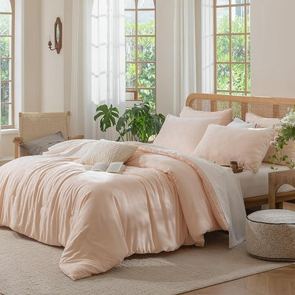 Queen Size Comforter Set Pink - Waffle Checkered Soft Shabby Chic Bedding, All-Season Lightweight Breathable with 2 Pillowcases Combo for Year-Round Comfort