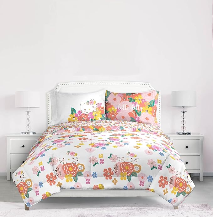 Jay Franco Hello Kitty King Size Comforter Set - 7 Piece Bedding Includes Sheet Set & Pillow Covers - Super Soft Floral Bedding