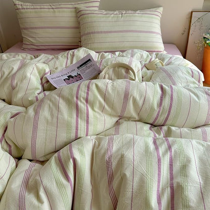 EAVD Vintage Striped Comforter Set Twin XL Soft Cotton Retro Purple&Green Vertical Striped Bedding Set with 2 Pillowcases Boho Geometric Pattern Comforter Set for All-Season Breathable Lightweight