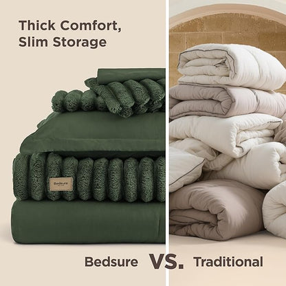 Bedsure Gentlesoft 2-in-1 King Size Comforter Set and Detachable Fluffy Blanket, Olive Green Bedding Set for All Season Use, SnapTech Design for Space Saving(Includes 2 Pillow Shams,2 Pillowcases)