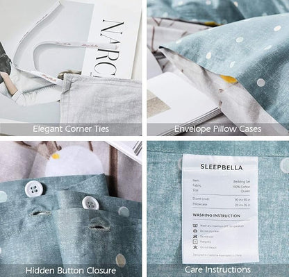 SLEEPBELLA Duvet Cover Queen, 600 Thread Count Cotton Grey Branch with Yellow Turquoise Polka Dot Pattern Green Reversible Comforter Cover(Queen, Grey Branch)