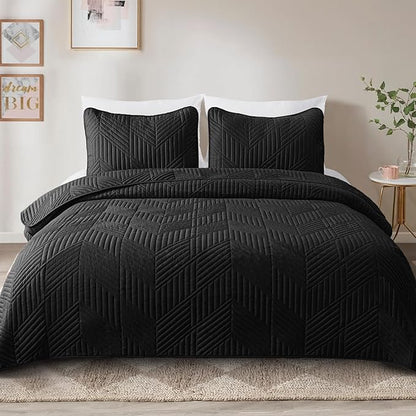 Exclusivo Mezcla Ultrasonic Twin Quilt Bedding Set, Lightweight Black Bedspreads Soft Modern Geometric Coverlet Set for All Seasons (1 Quilt and 1 Pillow Sham)