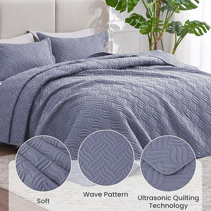 Love's cabin Quilts for Full Bed Bluish Grey Bedspreads Bedding Set - Lightweight Bedspread Comforter - Wave Pattern Bedding Coverlet for All Season - 3 Pieces (1 Quilt, 2 Pillow Shams)