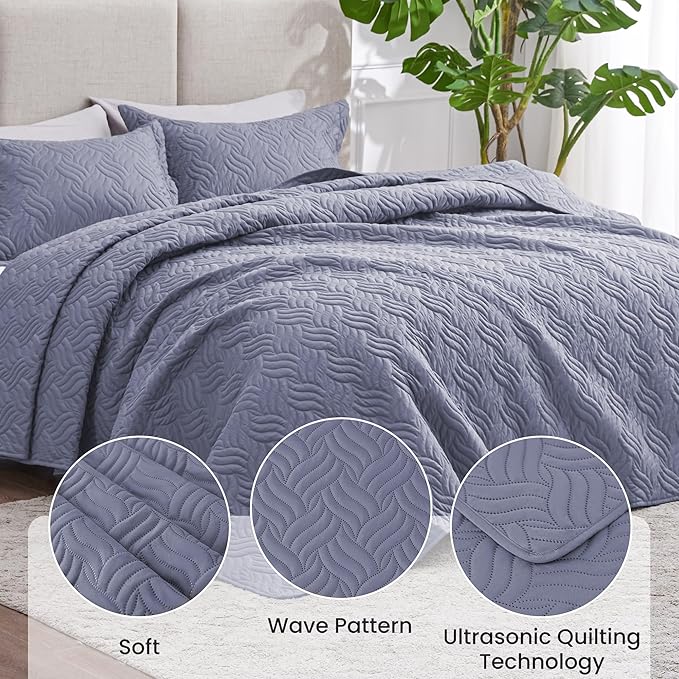 Love's cabin Quilts for Queen Bed Bluish Grey Bedspreads Bedding Set - Summer Lightweight Bedspread Comforter - Wave Pattern Bedding Coverlet for All Season - 3 Pieces (1 Quilt, 2 Pillow Shams)