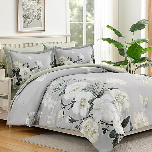 King Size Comforter Set - 7 Pieces Floral Comforter Set, Elegant Sage Green Flower Bed in a Bag King Soft Microfiber Bedding Set for All Seasons (Sage Green,104"x90")