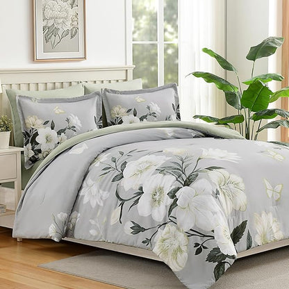 Floral Comforter Set Queen Size,7 Piece Sage Green Bed in a Bag, Elegant Flower Pattern Comforter Set with Sheet, Soft Microfiber Complete Bedding Sets for All Season