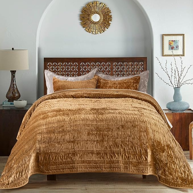EVERGRACE Luxury Ruched Velvet Quilt Queen Size, Ultra Soft Bedspread Coverlet Set, Lightweight Velvet Comforter, Quilted Bedding Cover with 2 Matching Shams for All Season, Gold Yellow