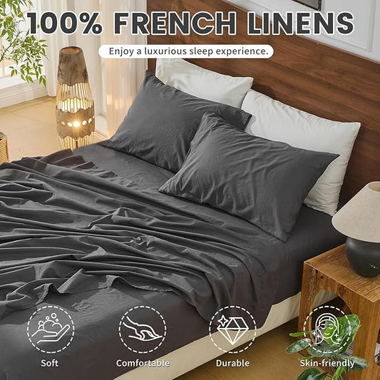 Bedlifes 100% French Pure Linen Sheets Queen Size Breathable and Cooling Flax Sheet Set Soft Durable and Moisture Wicking 16 Inch Deep Pocket-4 Piece(Queen,Dark Grey)