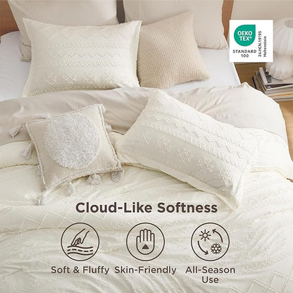 Bedsure Tufted Boho Comforter Set Queen Size - White Boho Bed Set, GentleSoft™ 3 Pieces Farmhouse Shabby Chic, Home Decor Bedding, Gifts for Woman, Soft Jacquard Queen Comforter for All Seasons