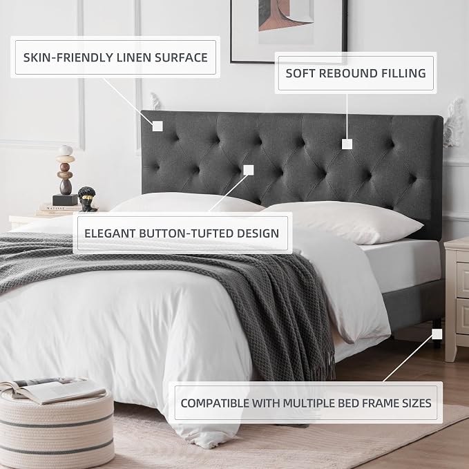 Linen Headboard Full Size, Adjustable Height Headboard 37-51 in, Dark Gray | Diamond Tufting Solid Wood Full XL Headboards Only, Durable Metal Legs, Upholstered Full Head Board Bed Frame, Modern Fabric