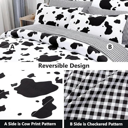 PERFEMET Cow Print Bedding Comforter Set Queen Size Black and White Reversible Geometric Checkered Bedding Set for Kids Teens Boys Girls Rustic Animal Cowhide Pattern Bed Quilt Set