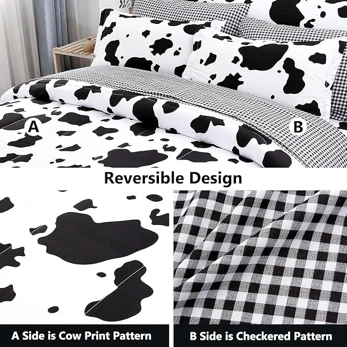 PERFEMET 3Pcs Cow Print Comforter Set King Size Black and White Cute Geometric Cow Bedding Set Soft Reversible Plaid Grid Bed Quilted Set for Kids Teens Boys Girls