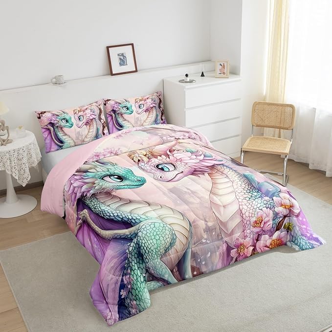 Western Dragon Couple Comforter Set King Size for Kids Japanese Cherry Blossom Bedding Sets All Season Pastel Girly Pink Castle Quilt Set Bedroom Decor Dreamy Fairy Tale Down Comforter,3Pcs