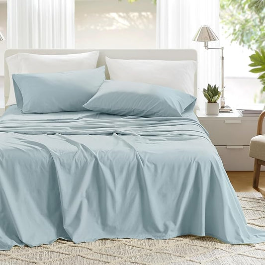 Comfort Spaces 100% Cotton Sheets Cal King, Breathable & Soft Cotton Sheets, Naturally Cool Cotton Bed Sheets with 14" Elastic Pocket Fits up to 16" Mattress, All Season Sheet Set, Light Blue 4 Piece