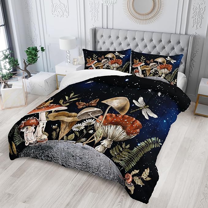 Mushroom Bedding - Black Full Comforter Set, Boho Mushroom Decor, Hippie Style