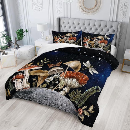 Mushroom Bedding - Black Full Comforter Set, Boho Mushroom Decor, Hippie Style