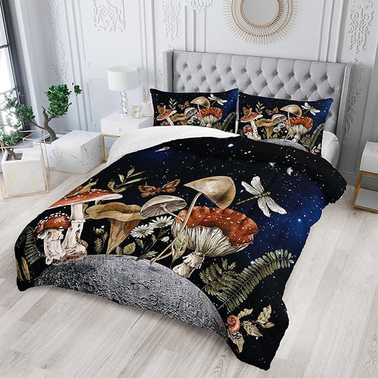 Mushroom Bedding - Queen Size, Boho Mushroom Decor, Black Comforter Set