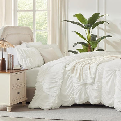 Andency Ruched Ivory Oversized Queen Size Comforter Sets, Shabby Chic Pleated Bedding Sets 3 Pieces, Lightweight Soft Boho Ruffle Bed Set for Girls, Kids, Women, All Season