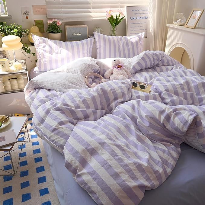 Purple Striped Twin Bed Duvet Cover Vintage Cute Comforter Cover Twin Soft Farmhouse Boho Hotel Duvet Cover Set with Hidden Zipper Dorm Room Girls Bedding Set Washed Microfiber Duvet Protector