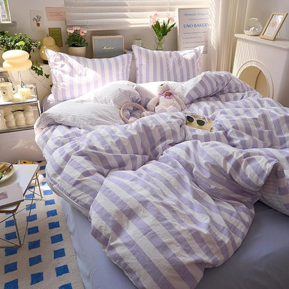 Purple Striped Duvet Twin XL Cover Vintage Cute Twin XL Comforter Cover Soft Farmhouse Boho Hotel Duvet Cover Set with Hidden Zipper Dorm Room Girls Bedding Washed Microfiber Duvet Protector