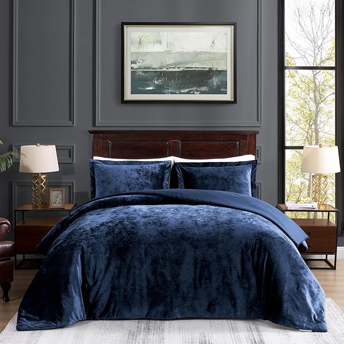 TAMGHO Navy Blue Velvet Comforter 3pc Queen Set, Crushed Velvet Bedding for All Seasons, Dark Blue Bed Set: 1 Comforter (92"x96") and 2 Pillow Shams (20"x26"+2")