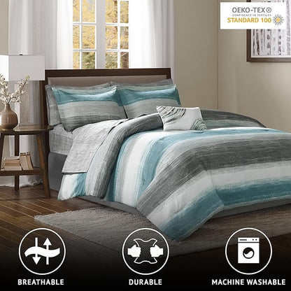 Madison Park Essentials King Comforter Set, Bed in a Bag King, Watercolor Print Coastal Comforter & Chambray Cotton Sheet Set, All Season Bedding Set, Saben, Aqua King (104 in x 92 in) 9 Piece