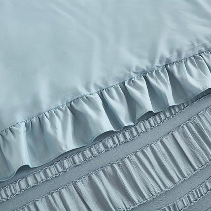 WONGS BEDDING Blue Comforter Set Queen,3 Pieces Ruffle Farmhouse Shabby Chic Boho Comforter for Queen Bed,Soft Seersucker Textured Bedding Set with 1 Ruffle Comforter,2 Tufted Pillowcases 90"×90"