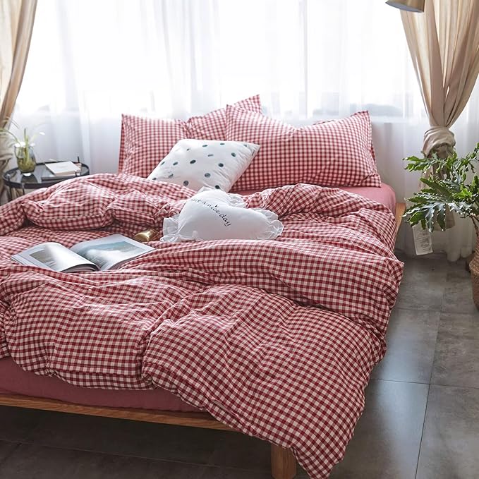 mixinni Red Gingham Comforter Set Full, Plaid Comforter Set 3 Pieces 1 Red Grid Comfoter with 2 Pillow Cases for All Seasons, Soft Fluffy Modern Grid Pattern Printed Bedding-Full Size