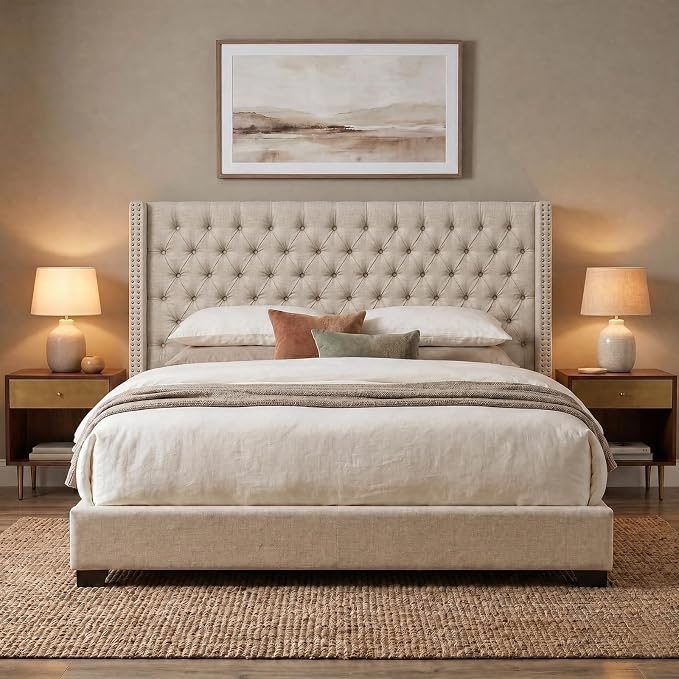 Madison Park Queen Wingback Upholstered Tufted Headboard, Featuring High-Density Sponge Padding, Adjustable Height Headboard, Easy Assembly, Beige Woven