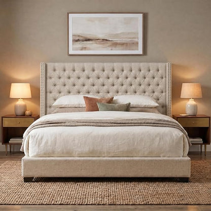 Madison Park King Wingback Upholstered Tufted Headboard, Featuring High-Density Sponge Padding, Adjustable Height Headboard, Easy Assembly, Beige Woven