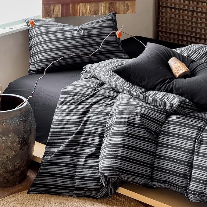 EAVD Retro Black Striped Duvet Cover Twin Soft 100% Washed Cotton Reversible Striped Pattern Bedding Set with 2 Pillowcases Farmhouse Geometric Duvet Cover with Zipper Closure