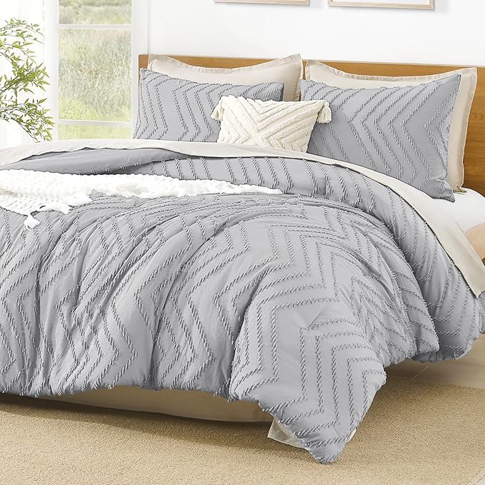 Litanika Comforter Oversized King Size Set Light Grey, 3 Pieces Chevron Tufted Solid Bedding Comforter Sets, Fluffy Bed Set