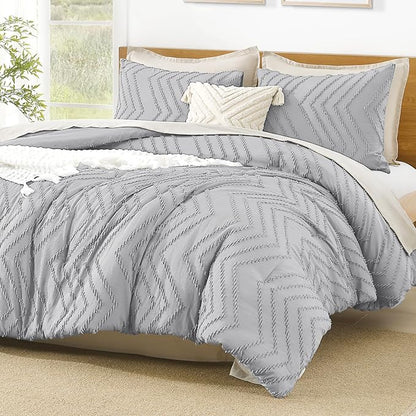 Litanika Light Gray Queen Size Comforter Sets, 3 Pieces Lightweight Grey Chevron Tufted Bedding Comforter Set, Fluffy Down Alternative Comforter Bed Set Gift Choice