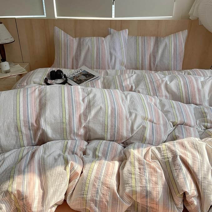 EAVD Pink Blue Yellow Striped Duvet Cover Twin Soft Washed Cotton Bedding Set 3 Pieces Pinstriped Bedding Set with 2 Pillowcases Reversible Farmhouse Geometric Pattern Duvet Cover with Zipper