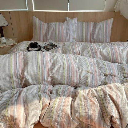 EAVD Pink Blue Yellow Striped Duvet Cover Twin Soft Washed Cotton Bedding Set 3 Pieces Pinstriped Bedding Set with 2 Pillowcases Reversible Farmhouse Geometric Pattern Duvet Cover with Zipper
