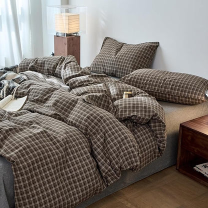 EAVD Vintage Style Dark Grey Gingham Plaid Duvet Cover Full 100% Washed Cotton Like Linen Feel Soft 3-Piece Grid Plaid Bedding Set with 2 Pillowcases Reversible Geometric Duvet Cover with Zipper