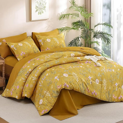 Yiran King Size Comforter Set, 7 Pieces Yellow Floral Soft Bedding Sets, King Bed in a Bag Botanical Flowers All Season Comforter, Sheets, Pillowcases & Shams