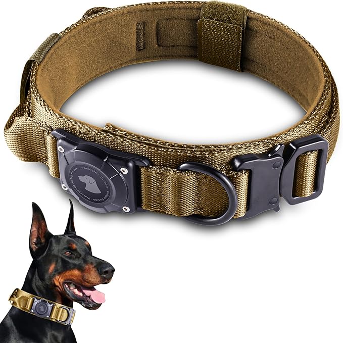 2026 Upgrade Waterproof Tactical AirTag Dog Collar, Built in AirTag Holder | Comfortable Control Handle, Quick Release Metal Buckle, Durable 1000D Nylon, For Medium to Large Dogs, Khaki, XL