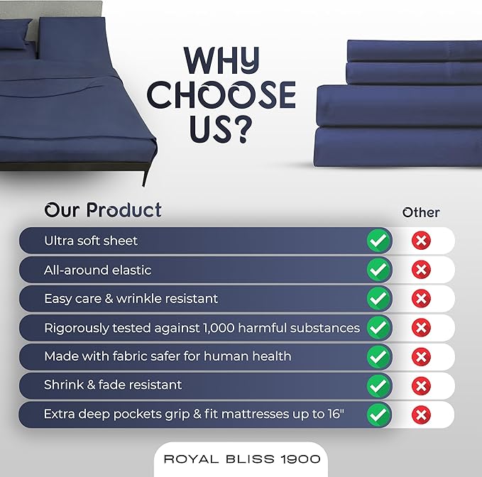 Top Split King Sheets Sets for Adjustable Bed, 4 Pcs Double Brushed Deep Pockets Microfiber Sheets, 34 Inch Split Top Fitted Sheet, 1 King Flat Sheet and 2 Pillowcase - Navy Blue