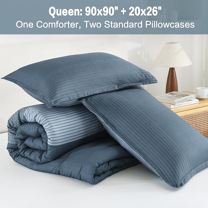 Litanika Comforter Set, Lightweight Colorblock Stripes Bedding Comforter Set, Fluffy Down Alternative Bed Set, Haze Blue, Queen