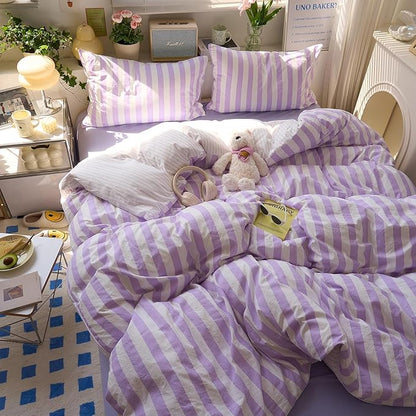 EAVD Farmhouse Purple Striped Duvet Cover Twin XL Soft Washed Microfiber Pink White Vertical Striped Bedding Set with 2 Pillowcases Modern Geometric Pattern Duvet Cover with Zipper Closure