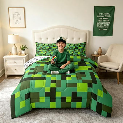Pixel Grid Miners Comforter Set Full Size,Geometric Grid Patchwork Pixelated Kids Bedding Set,Cartoon Gamepad Video Games Quilt Comforter,Cyan Green Duvet Insert,2 Pillowcases