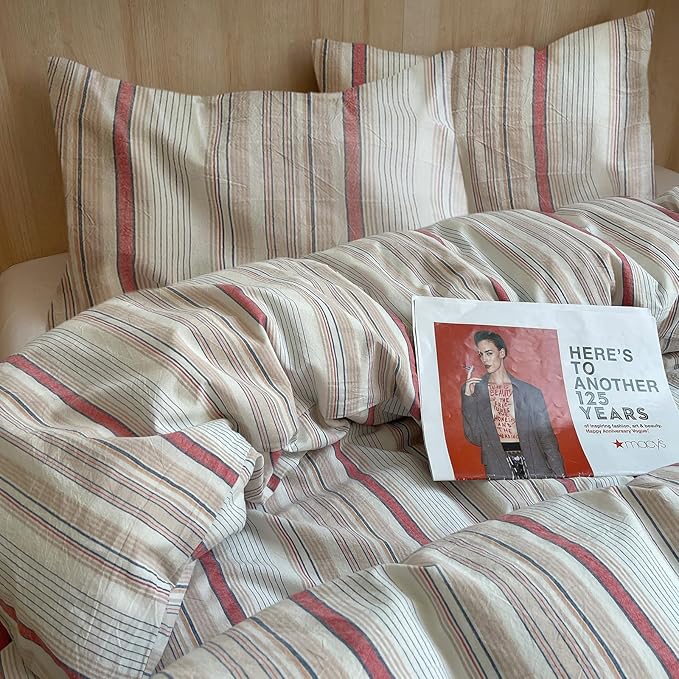 EAVD Geometric Striped Duvet Cover Twin 100% Washed Cotton Multi-Color Pinstriped Bedding Set with 2 Pillowcases Modern Farmhouse Geometric Pattern Duvet Cover with Zipper Closure