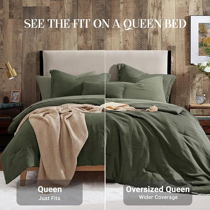 Geniospin Dark Olive Green Oversize Queen Comforter Set - 7 Pieces Comforter Queen Size, Solid Bedding Set for All Season, Textured Bed in a Bag with Sheets