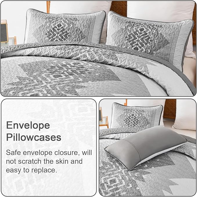 Boho Quilt Set King Size 3 Pieces Grey Aztec King Quilt Set Bohemian Bedspread Coverlet Set Soft Microfiber Lightweight Bedding Set with 2 pillowcases Gray Quilt Set for All Season 90"x103"