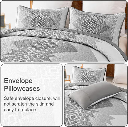 Dintszyayue Grey Quilt Set Queen Size 3 Pieces Boho Aztec Quilt Set Queen Gray Bedspread Coverlet Set with 2 Pillowcases Soft Microfiber Bohemian Quilt Bedding Set for All Season 90"x96"